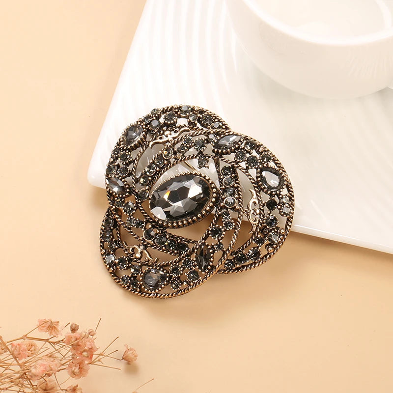 Fashion Gray Crystal Flower Women Big Brooch Drop Zircon Ethnic Banquet Vintage Jewelry Hijab Caftan Accessories