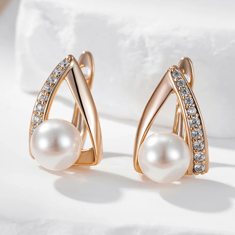 Pearl Luxury 585 Rose Gold Color English Earrings for Women Unique Geometric Earrings Bridal Wedding Jewelry