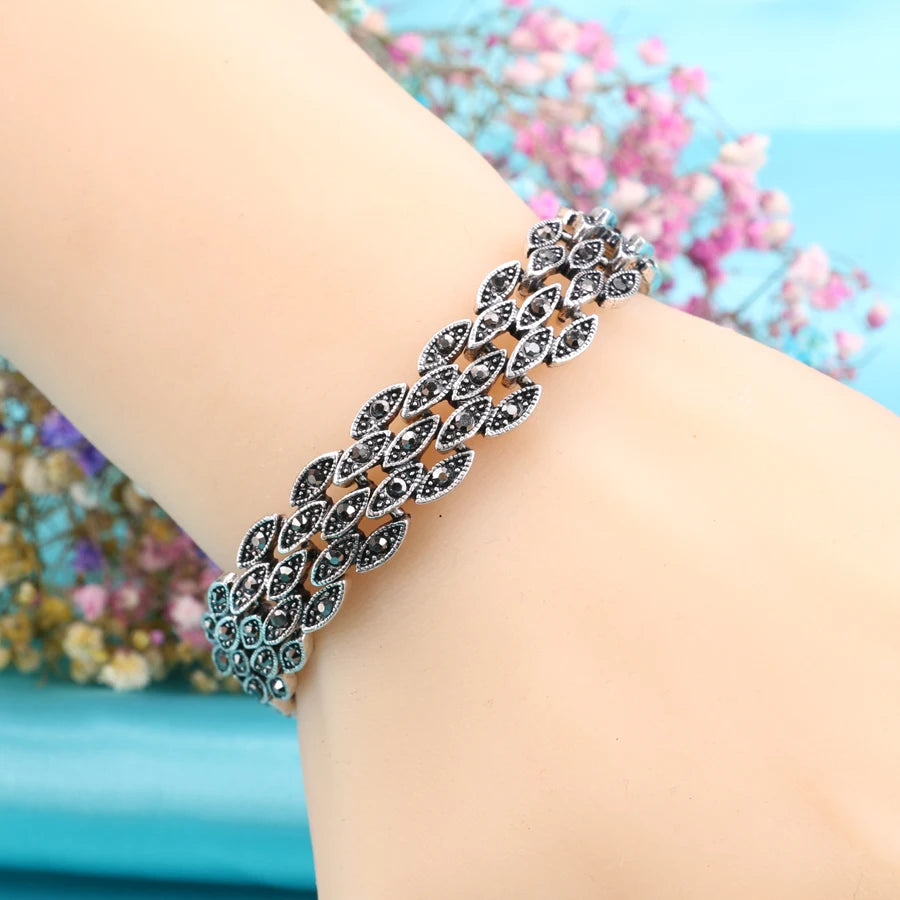 Bright Black Crystal Bracelet for Women Antique Silver Color Little Eye Link Bracelets Charm Vintage Jewelry