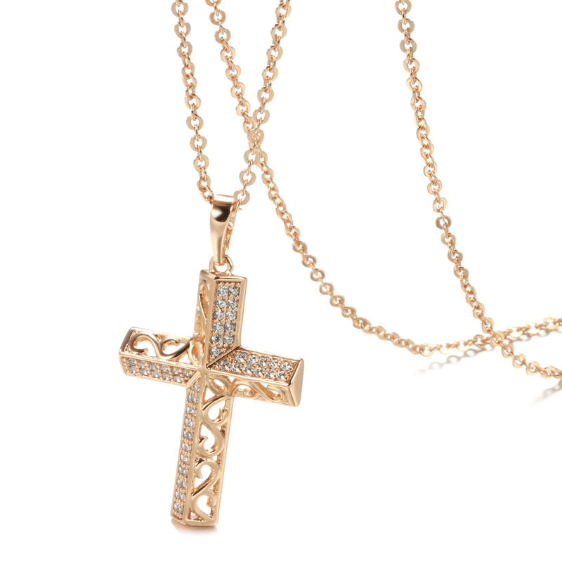 Exquisite Cross Necklaces 585 Rose Gold Micro Wax Inlay Natural Zircon Hollow Flower Necklaces for Women Vintage Jewelry