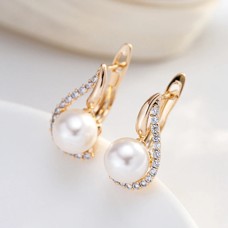 Luxury 585 Rose Gold Color English Earrings for Women Unique Geometric Pearl Earrings Bridal Wedding Jewelry