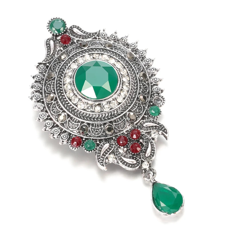 Boho Tibetan Silver Green Crystal Flower Brooch Pins Metal Scarf Clothing Christmas Gift Banquet Vintage Wedding Jewelry
