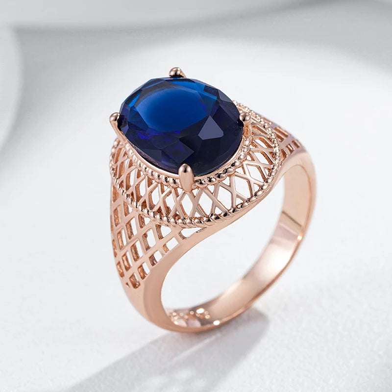 Oval Blue Natural Zircon Daily Ring for Women Trend 585 Rose Gold Color High Quality Ethnic Bridal Jewelry