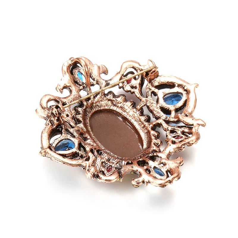 Oval Lady Blue Stone Brooch for Women Vintage Hollow Flower Brooch Antique Gold Party Fashion Apparel Jewelry Accessories