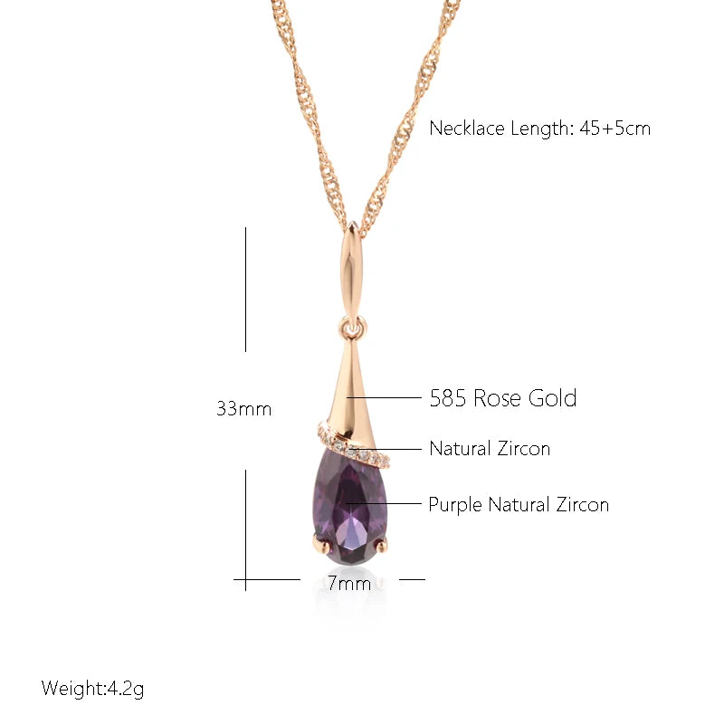 Water Drop Purple Pendant Fashion 585 Rose Gold Color Necklace for Women Natural Zircon Fine Daily Wear Jewelry Gift