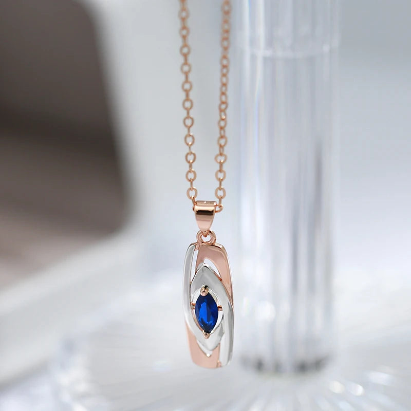Luxury Blue Stone Pendant 585 Rose Gold Mixed White Gold Natural Zircon Pendant Necklace for Women Trendy Wedding Jewelry
