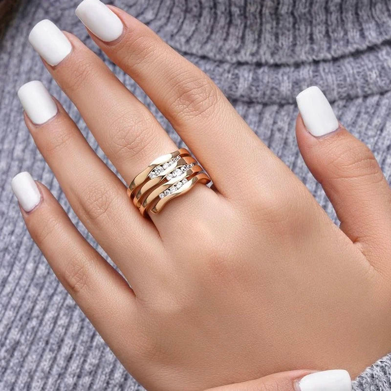 New Unique Creative 585 Rose Gold Women Rings Micro-Wax Inlay Natural Zircon Rings Geometry Modern Party Fashion Jewelry
