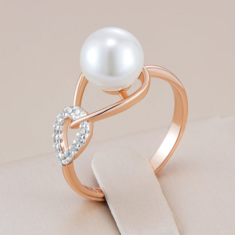 Luxury 585 Rose Gold Silver Color Mix Ring for Women Unique Geometric Pearl Natural Zircon Bridal Wedding Jewelry 2024 New