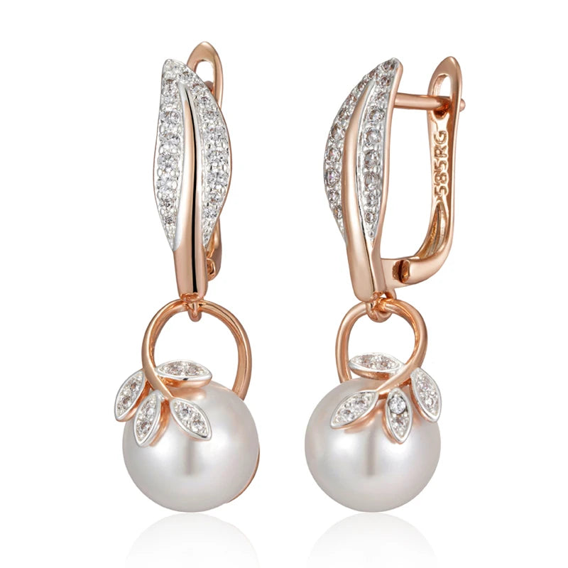 Fashion Crystal Flower Pearl Drop Earrings for Women 585 Rose Gold Silver Color Mix Boho Ethnic Wedding Jewelry Gift