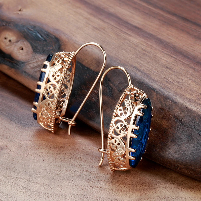New Sets 585 Rose Gold Ethnic Bride Necklace Earrings Ring Set Green Rhombus Natural Zircon Hollow Flower Vintage Jewelry