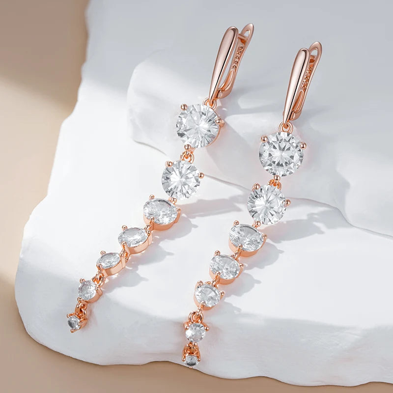 Diamond Drop White Natural Zircon Long Dangle Earrings for Women Fashion 585 Rose Gold Color Party Accessories Daily Jewelry