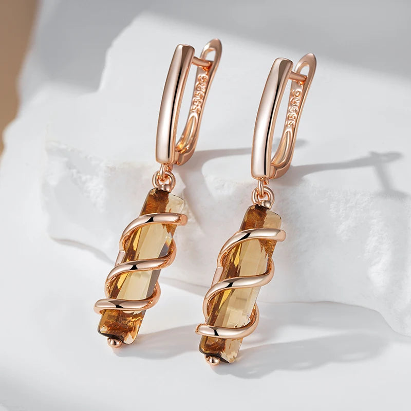 Spiral Potion Light Brown Natural Zircon Drop Earrings for Women 585 Rose Gold Color High Quality Daily Jewelry