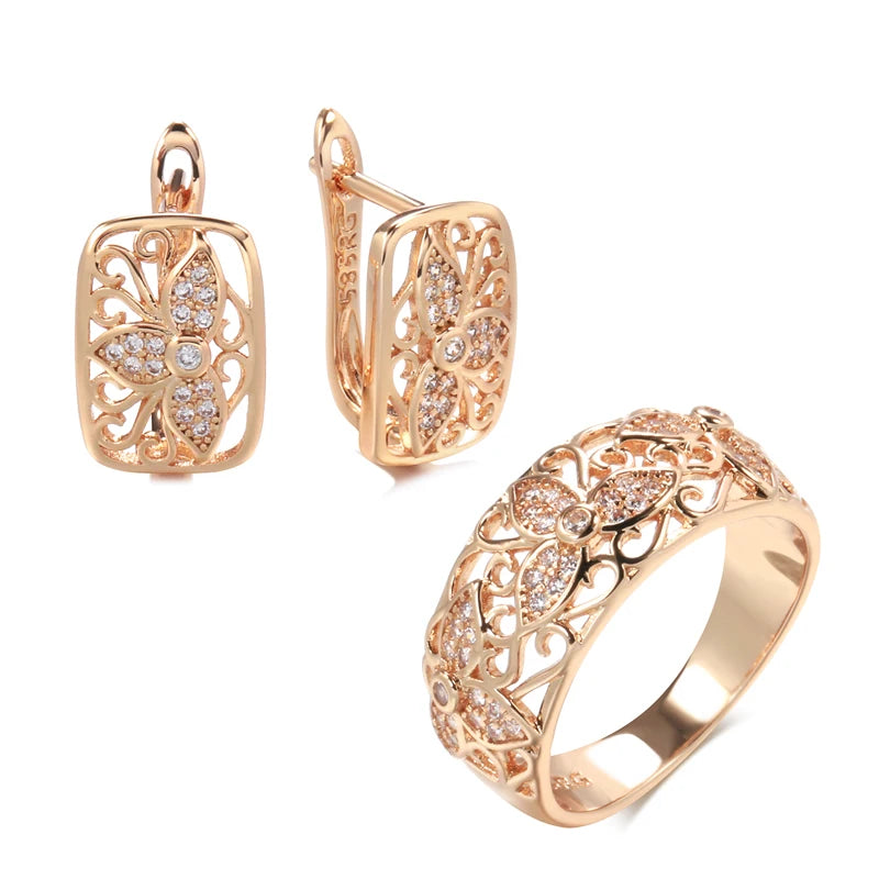 Three Petals Flower 585 Rose Gold Earrings Rings Sets for Women Natural Zircon Flower Ring Vintage Jewelry Sets 