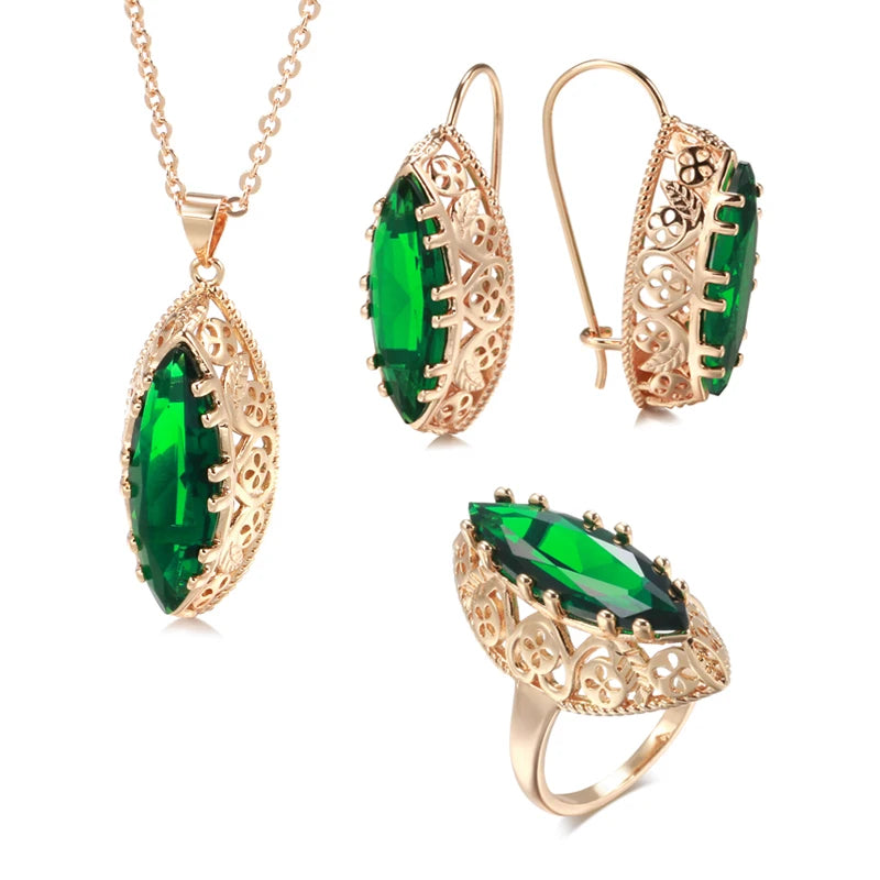 New Sets 585 Rose Gold Ethnic Bride Necklace Earrings Ring Set Green Rhombus Natural Zircon Hollow Flower Vintage Jewelry