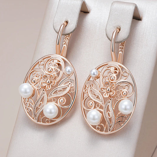 Pearl Dangle Earrings for Women Trend Glossy Metal Flower Accessories Vintage Daily Fine Jewelry