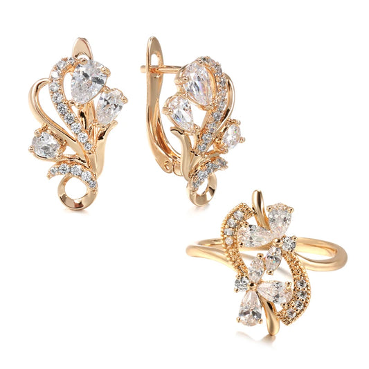 Luxury 585 Rose Gold Crystal Flower Earrings Ring Sets for Women Natural Zircon Bridal Wedding Vintage Jewelry Sets