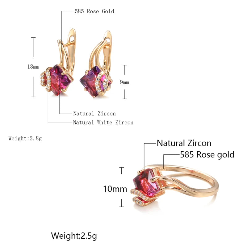 Square Red Natural Zircon Ring Earrings Sets 585 Rose Gold Dangle Earrings for Women Fashion Wedding Jewelry Sets