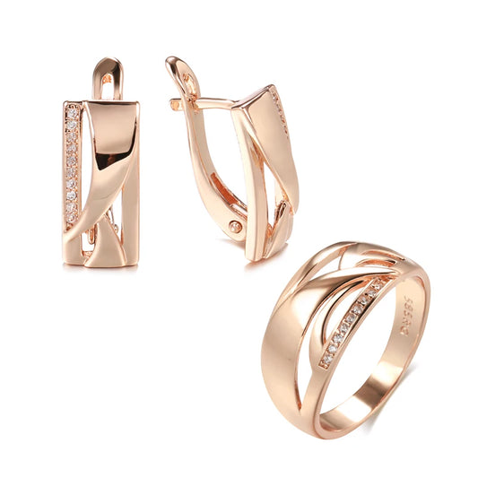 New 585 Rose Gold Square Drop Earrings Ring Stes Fashion Women Geometry Natural Zircon Ring Fine Daily Boho Jewelry Set