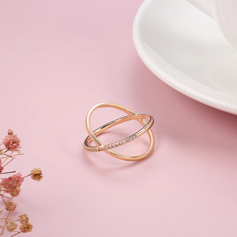 X design Natural Zircon Rings for Women Fashion 585 Rose Gold Geometry Cross Ring Vintage Wedding Jewelry Crystal Gift