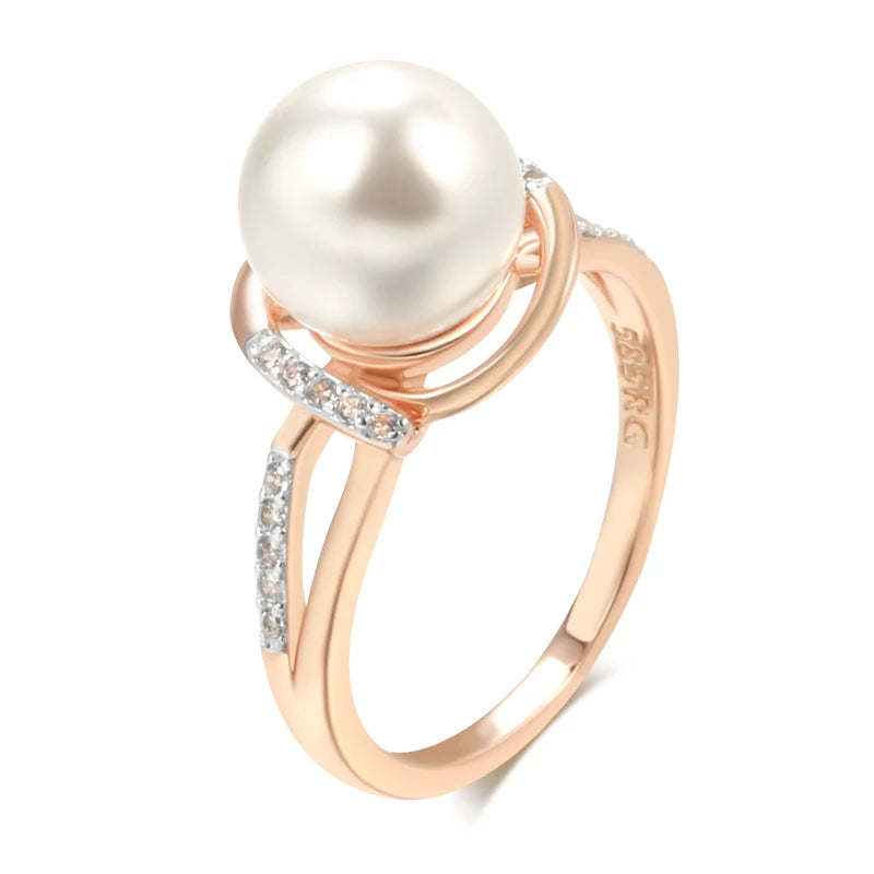 Geometry Pearl Ring for Women 585 Rose Gold Silver Color Mix Natural Zircon Boho Ethnic Wedding Jewelry