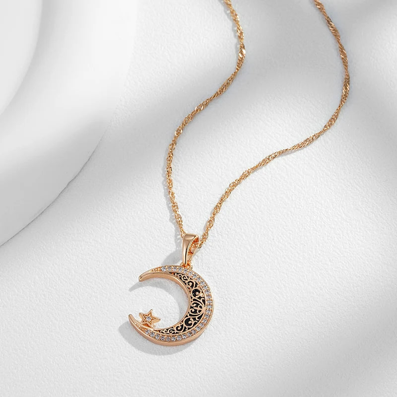 Moon lighting  Black Enamel  Pendant Necklace for Women 585 Rose Gold Color with Natural Zircon Fine Daily Ethnic Jewelry