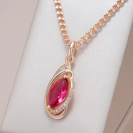 Red Rhombus Natural Zircon Pendant Necklace for Women Fashion 585 Rose Gold Color Vintage Party Fine Daily Jewelry