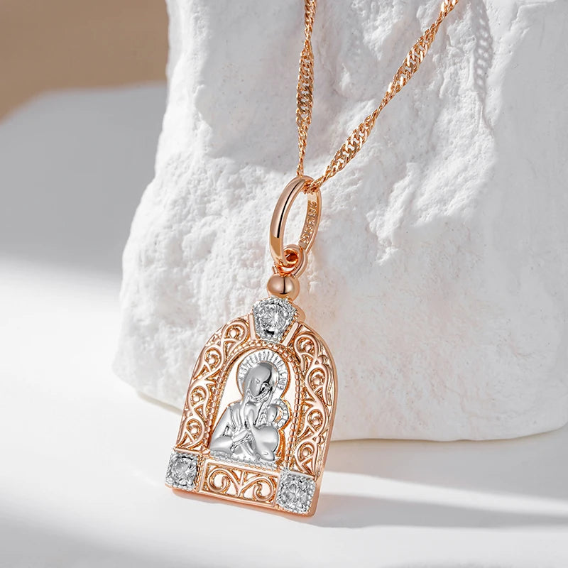 Luxury Virgin Mary Rose Gold Silver Color Pendant Necklace for Women Men 585 Rose Gold Color Natural Zircon Jesus Charm Daily Fine Jewelry Gifts