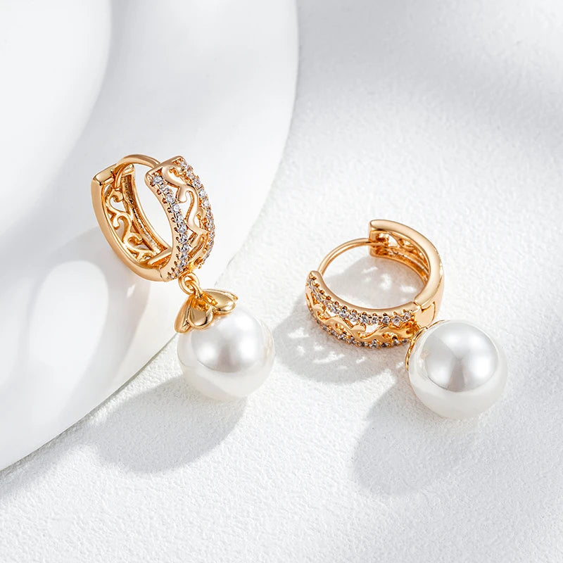 Luxury 585 Rose Gold Color Pearl Drop Earrings for Women Unique Hollow Pattern Natural Zircon Bridal Wedding Fine Jewelry