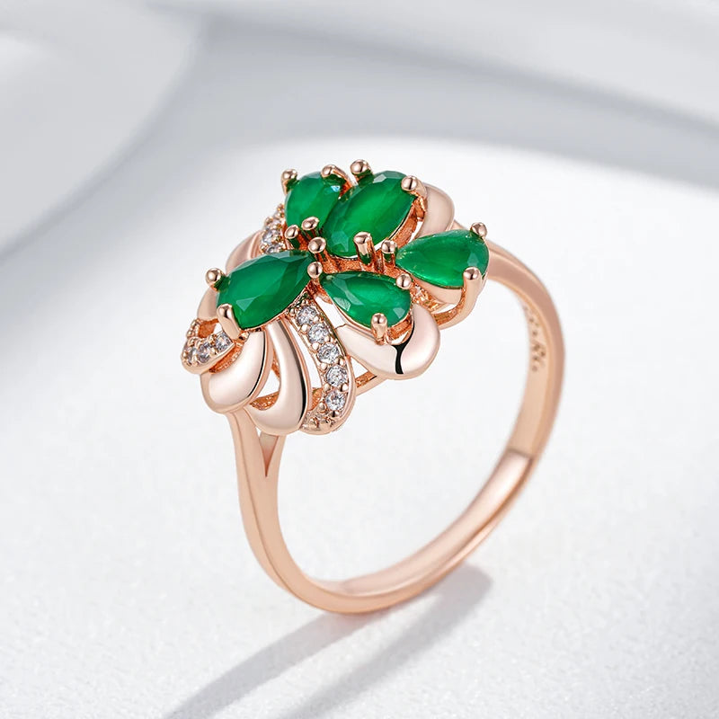 Unusual Full Sparkling Green Natural Zircon Ring for Women Luxury 585 Rose Gold Color High Quality Daily Fine Jewelry