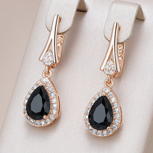 Elegant Black Natural Zircon Long Drop Earrings Women 585 Rose Gold Color Vintage Wedding Party Fine Daily Jewelry