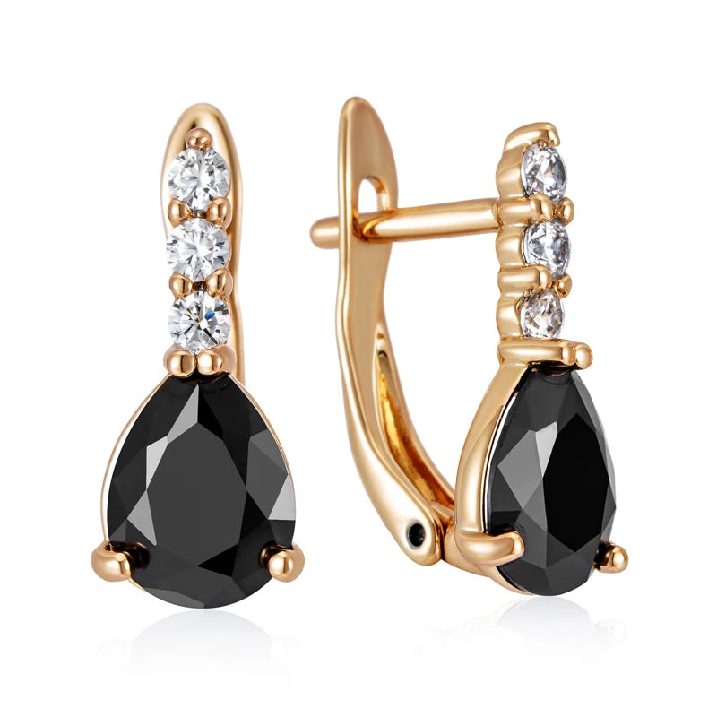 Black Water Drop Natural Zircon English Earrings for Women Trendy 585 Rose Gold Color Bride Wedding Fine Jewelry