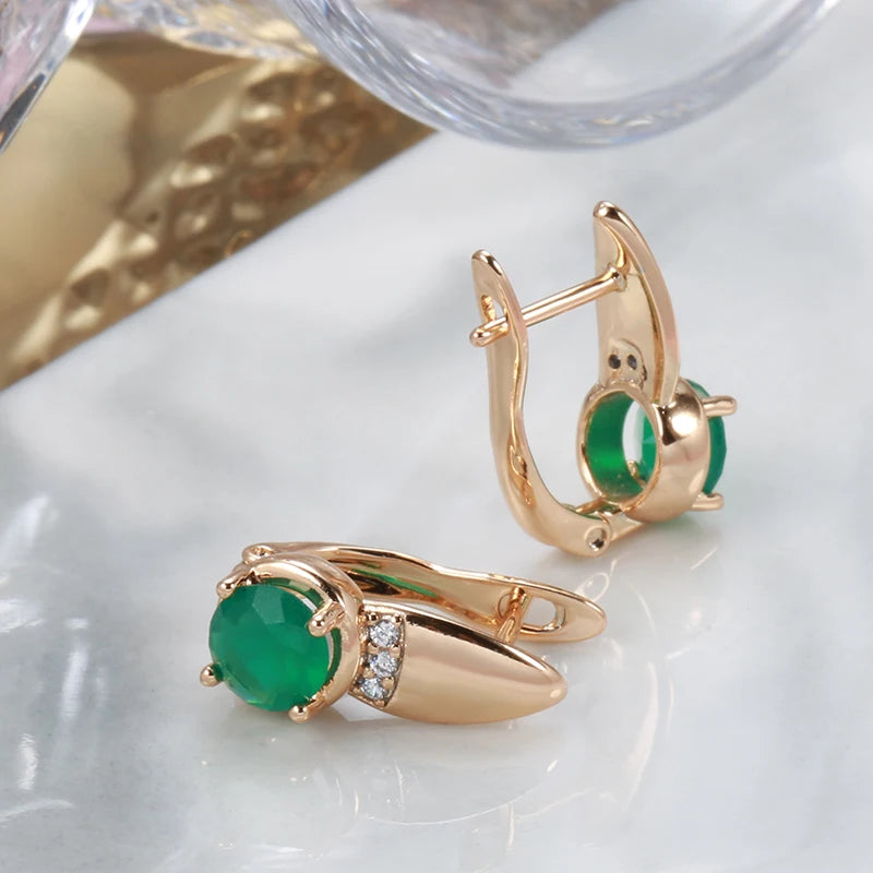 New Emerald Round Cut Natural Zircon Earrings Ring Sets for Women 585 Rose Gold Clip Earring Party Fashion Jewelry Sets