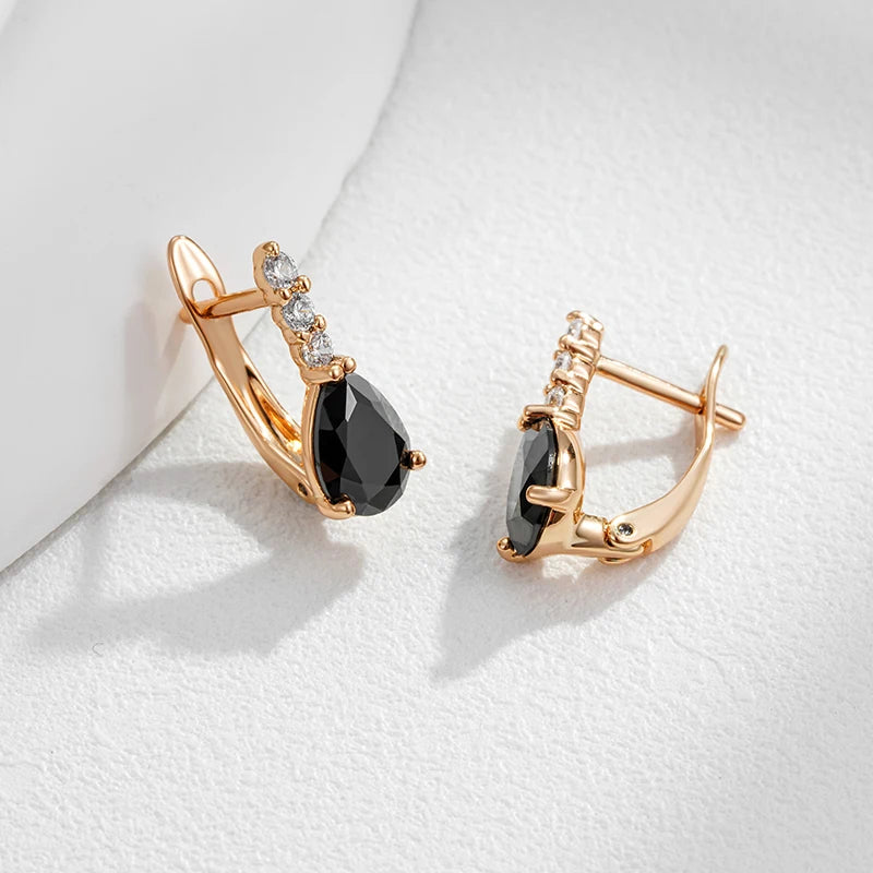 Black Water Drop Natural Zircon English Earrings for Women Trendy 585 Rose Gold Color Bride Wedding Fine Jewelry