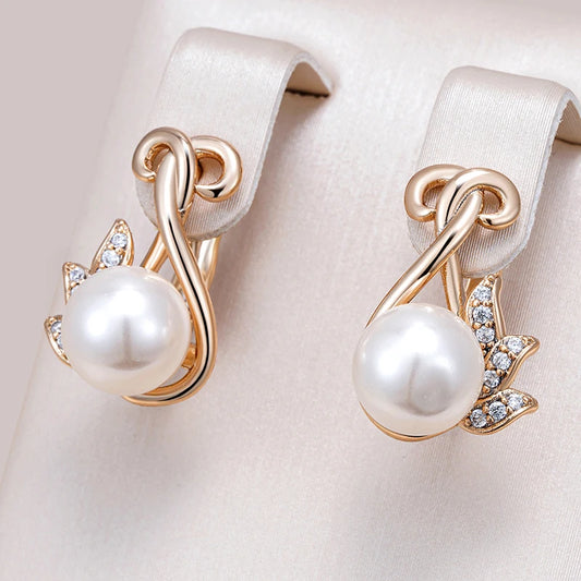 Luxury Crystal Flower Pearl Dangle Earrings for Women Trendy 585 Rose Gold Color with Natural Zircon Daily Fine Jewelry