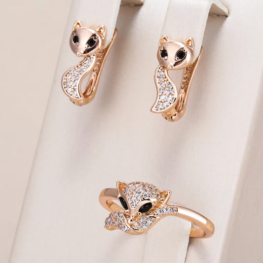 FOX Earrings Ring Sets for Women Fashion 585 Rose Gold Color Natural Zircon Accessories Animal Child Jewelry Sets