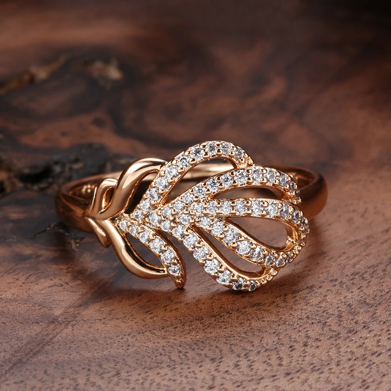 Vintage Sparkling Feathers 585 Rose Gold Women Earring Ring Sets Fashion Natural Zircon Flower Earring Ring  Fine Jewelry Set