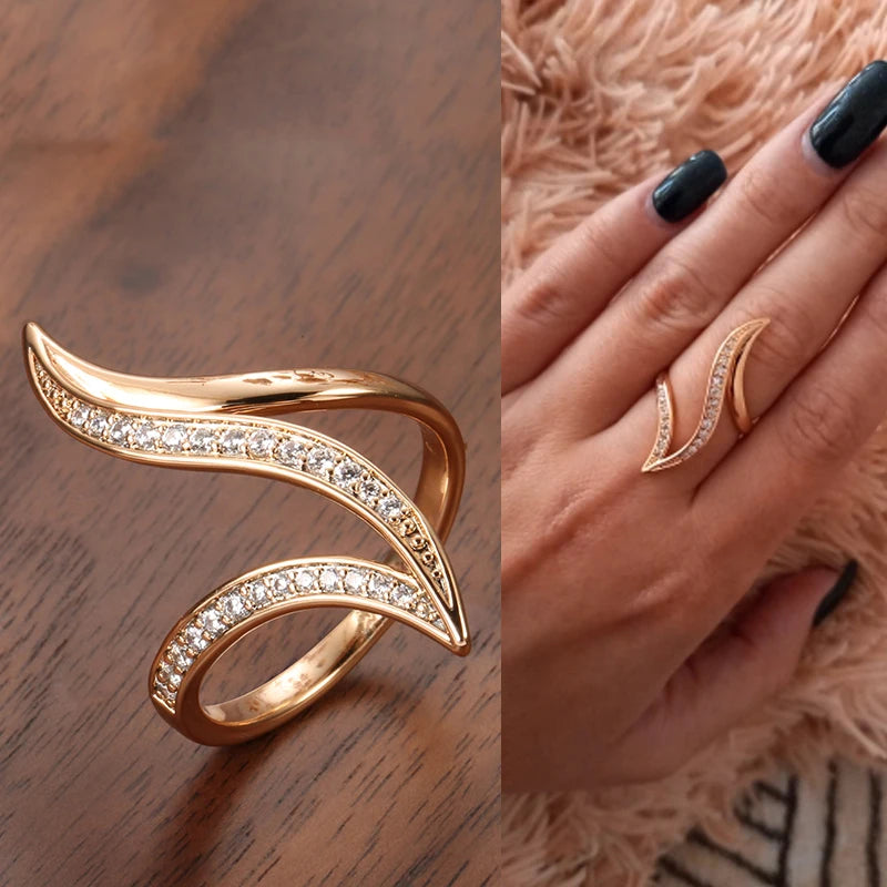 Fine Hyperbole Curve Ring Earrings Sets for Women Fashion 585 Rose Gold Jewelry Sets Unique Natural Zircon Earrings Ring