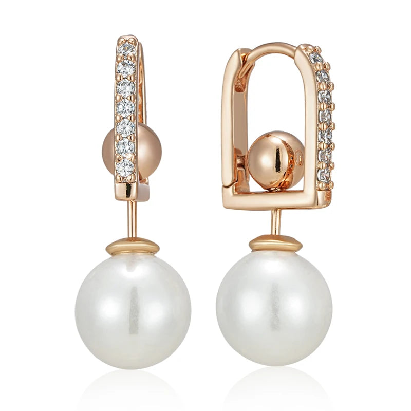 Hot 585 Rose Gold Color Pearl Drop Earrings for Women Unique Geometric Natural Zircon Accessories Daily Jewelry Gift