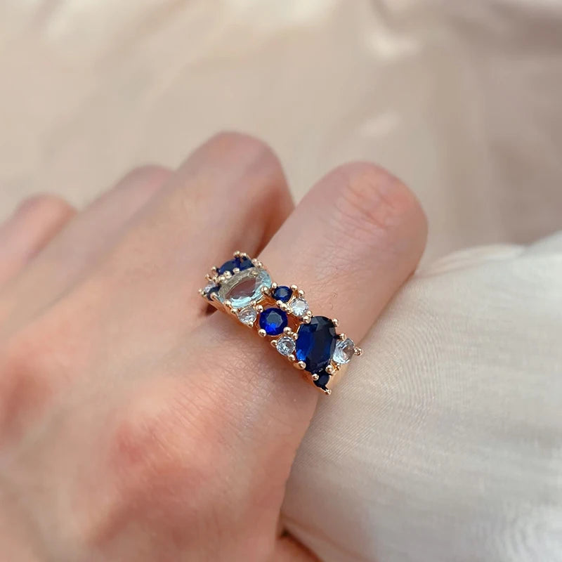 Romantic Vintage New Blue Natural Zircon Long Earrings Ring Sets for Women Trendy 585 Rose Gold Ring  Jewelry Sets