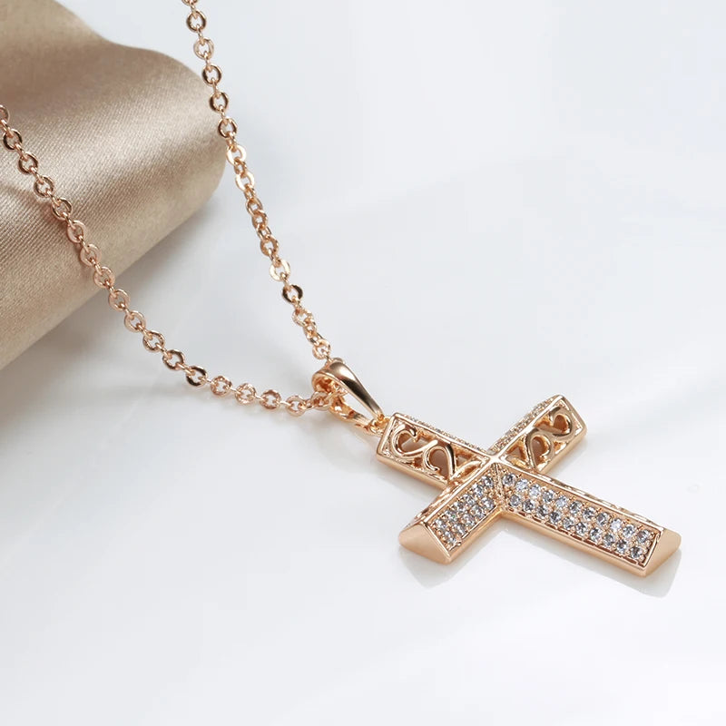 Exquisite Cross Necklaces 585 Rose Gold Micro Wax Inlay Natural Zircon Hollow Flower Necklaces for Women Vintage Jewelry