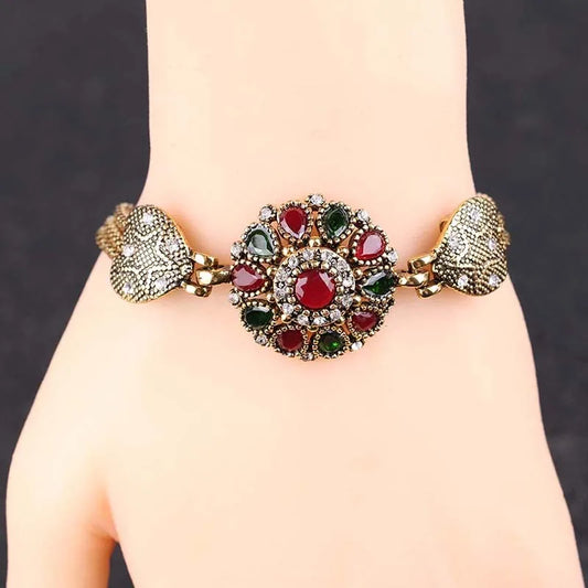 Boho Bracelet for Women Tibetan Antique Gold Color Grey Crystal Bangle Vintage Ethnic Jewelry