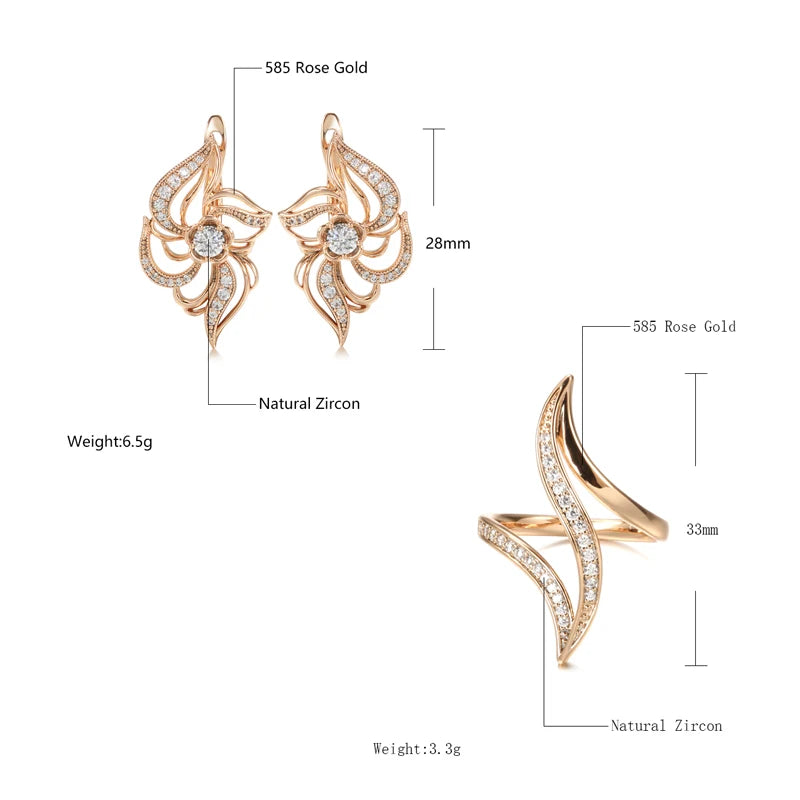 Fine Hyperbole Curve Ring Earrings Sets for Women Fashion 585 Rose Gold Jewelry Sets Unique Natural Zircon Earrings Ring