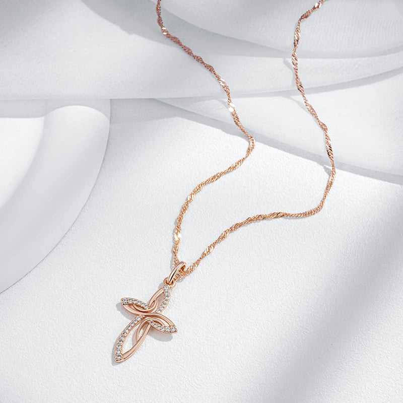 Luxury 585 Rose Gold Color Cross Pendant Necklace for Women Men Orthodox Charm Daily Fine Jewelry