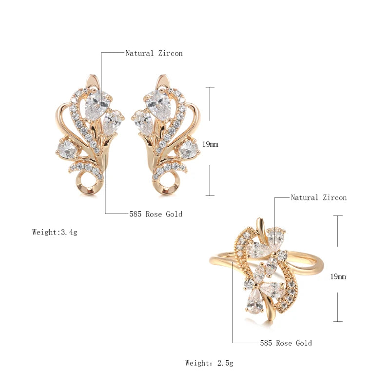 Luxury 585 Rose Gold Crystal Flower Earrings Ring Sets for Women Natural Zircon Bridal Wedding Vintage Jewelry Sets