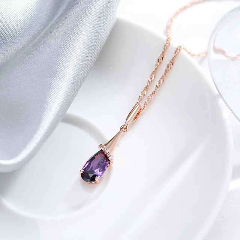 Water Drop Purple Pendant Fashion 585 Rose Gold Color Necklace for Women Natural Zircon Fine Daily Wear Jewelry Gift