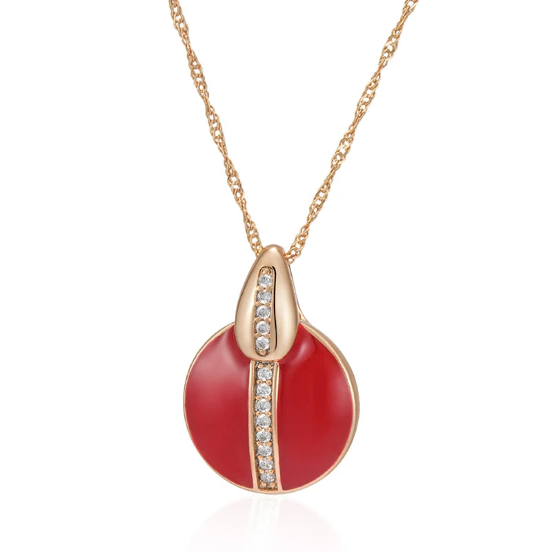 Hot Red Enamel Natural Zircon Pendant Necklace for Women Girl Simple 585 Rose Gold Color Party Daily Jewelry