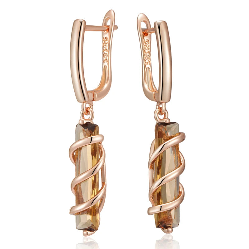 Spiral Potion Light Brown Natural Zircon Drop Earrings for Women 585 Rose Gold Color High Quality Daily Jewelry