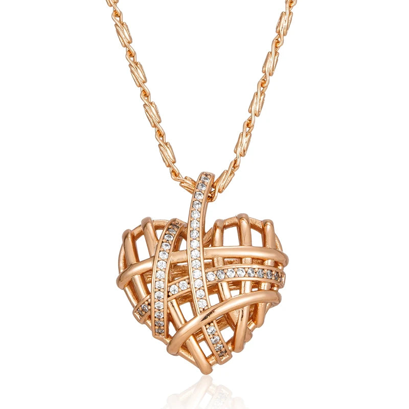 Unique Hollow Heart Pendant Necklace for Women Natural Zircon with 585 Rose Gold Color Modern Party Wedding Daily Jewelry
