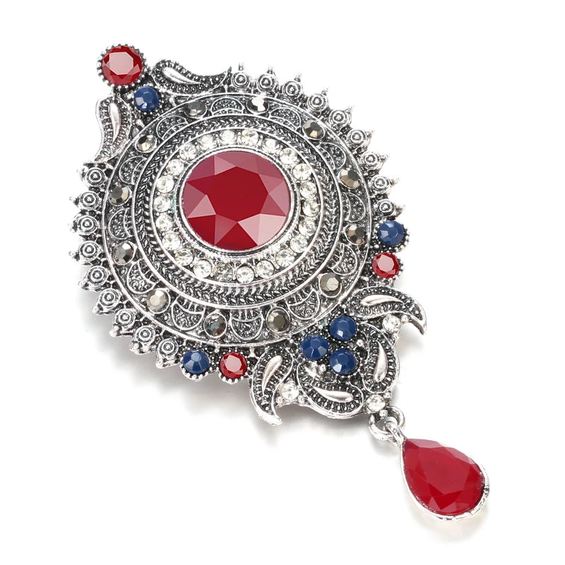 Boho Tibetan Silver Green Crystal Flower Brooch Pins Metal Scarf Clothing Christmas Gift Banquet Vintage Wedding Jewelry