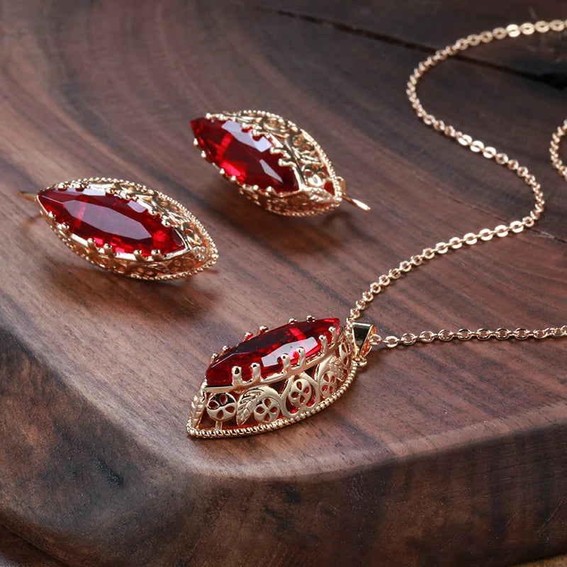New Sets 585 Rose Gold Ethnic Bride Necklace Earrings Ring Set Green Rhombus Natural Zircon Hollow Flower Vintage Jewelry
